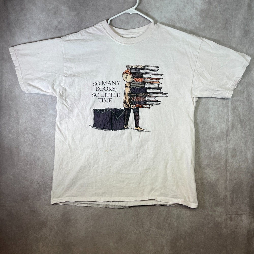 VINTAGE So Many Books So Little Time Adult XL White Reading Edward Gorey Tee